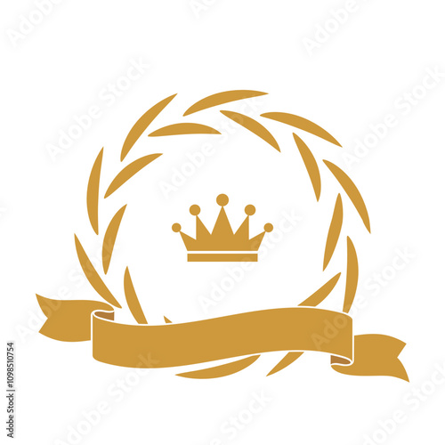 Gold award laurel wreath with ribbon, crown and empty place for name of winner. Champion reward vector illustration. Prize for awarding ceremony or best player. Quality certified icon.