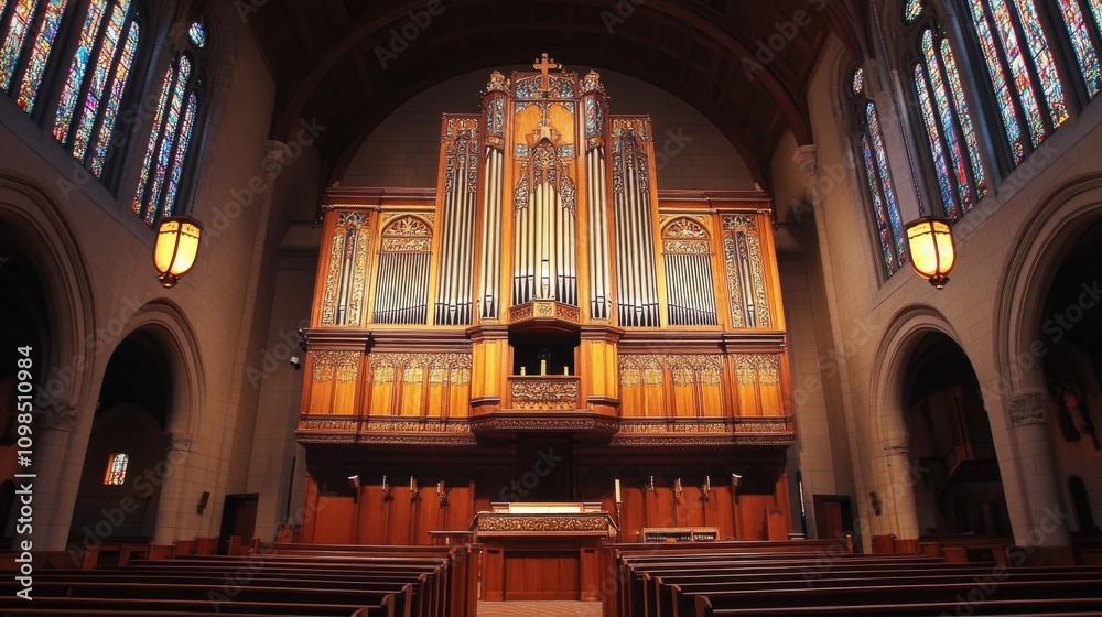 Fototapeta premium Organist playing a large church organ during