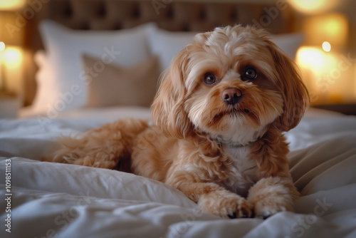 Puppy luying on bed photo