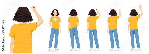 Back rear view of standing young beautiful woman in different poses. Isolated vector illustration set