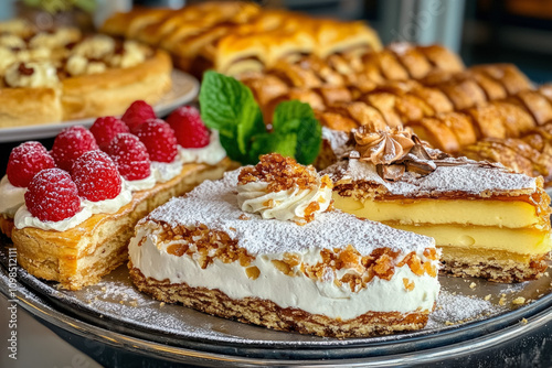 A Delightful Display Of Hungarian Pastries In A Budapest Bakery, Highlighting Traditional Budapest Food Treats Like Dobos Torte And Chimney Cake, With A Cozy Interior In The Background photo