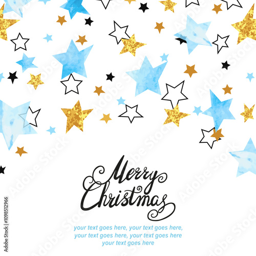 Abstract vector celebration background with blue watercolor stars. Merry Christmas card design