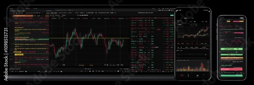 Stock market data displayed on laptop and mobile phones.