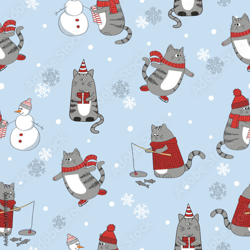 Christmas seamless pattern with cute cartoon cats. Vector holiday winter activity background