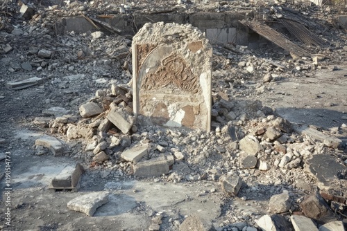 A historical monument reduced to rubble, with cultural artifacts buried under debris, symbolizing the loss of cultural identity. photo