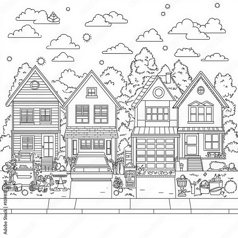 Obraz premium A neighborhood block party with games and fun, coloring page for kids, simple outline illustration. Coloring book, simple lines.