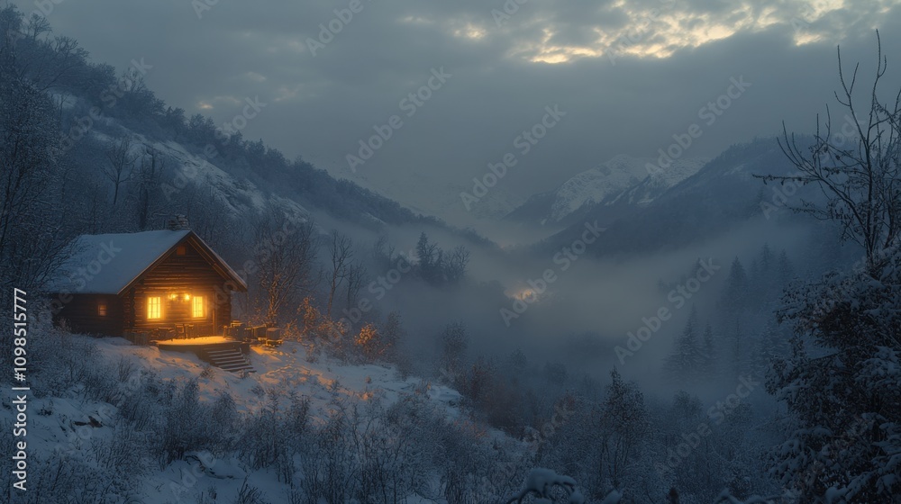 Fototapeta premium Serenity in the Mountains: Cozy Cabin Amidst Winter Fog