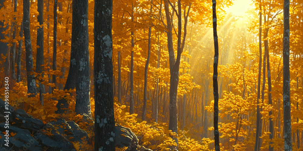 Fototapeta premium Golden Autumn Forest, Sunlit Trees and Vibrant Fall Foliage in a Picturesque Woodland