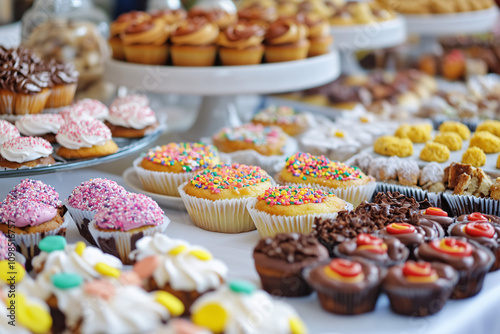 8K real photo of a colorful fundraiser bake sale table featuring a variety of delicious homemade treats, including cookies, cupcakes, brownies, muffins, pastries, and cakes, with a blurred background 