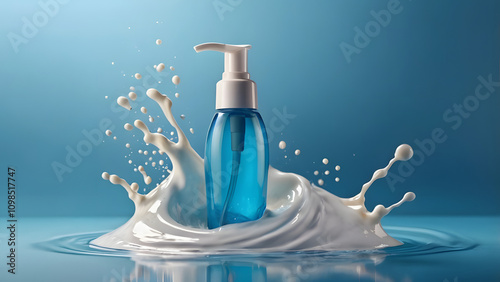 Transparent and blue bottle with white dispenser for beauty products and body care around milk splashes on blue background
