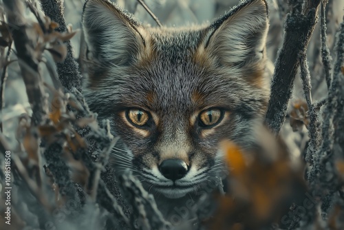 a shy fox hiding in the woods from the scary gunshots photo