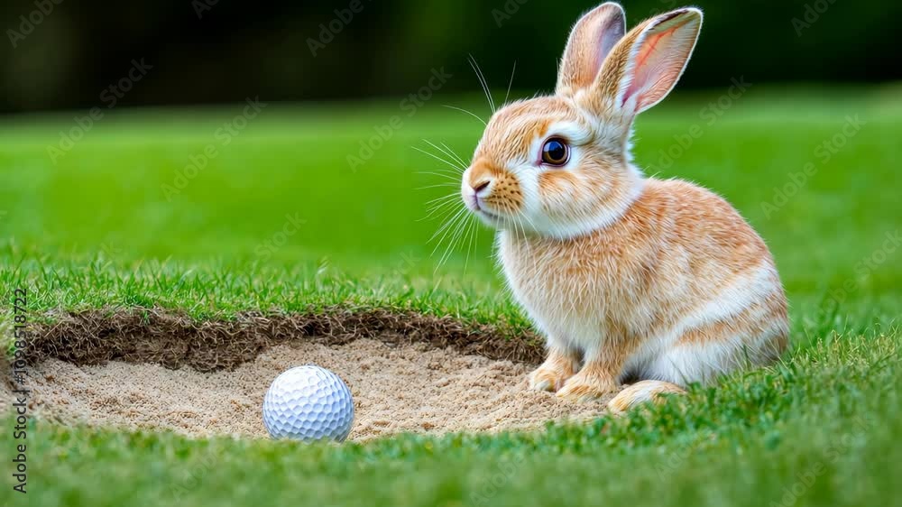 Adorable rabbit sits beside a golf ball in a sand trap on a sunny day in a lush green landscape