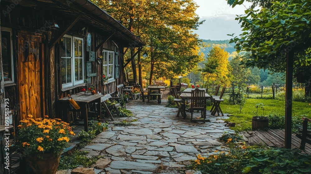 Fototapeta premium Charming Outdoor Cafe Surrounded by Lush Greenery with Rustic Barn Aesthetic and Inviting Seating for Relaxing Gatherings