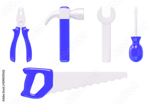 Repair tools 3D icon set. Pliers, hammer, wrench, screwdriver, hacksaw blue and gray colors. Stock vector illustration on isolated background.