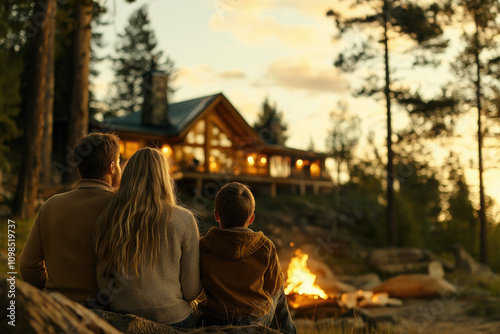 Family Sitting Near Campfire