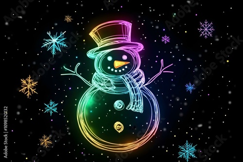 A modern holographic snowman with a top hat and scarf glowing in neon hues amidst falling snowflakes on a dark background --ar 3:2 --s 50 photo