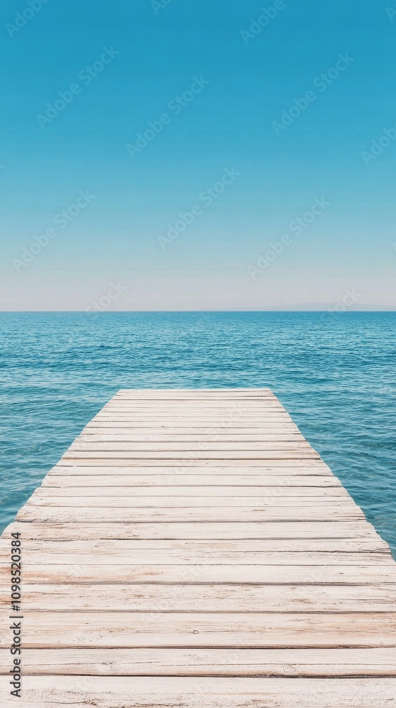 Obraz premium Beautiful wooden pier extending into calm blue ocean under clear sky