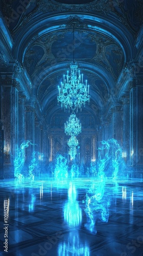 Grand Hall with Marble Floors and Illuminated Chandeliers, Featuring Enchanting Blue Light Effects and Opulent Architectural Details