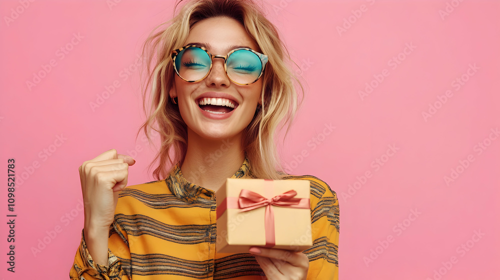 Obraz premium Woman Joyfully Receives Gift Against Pink Background