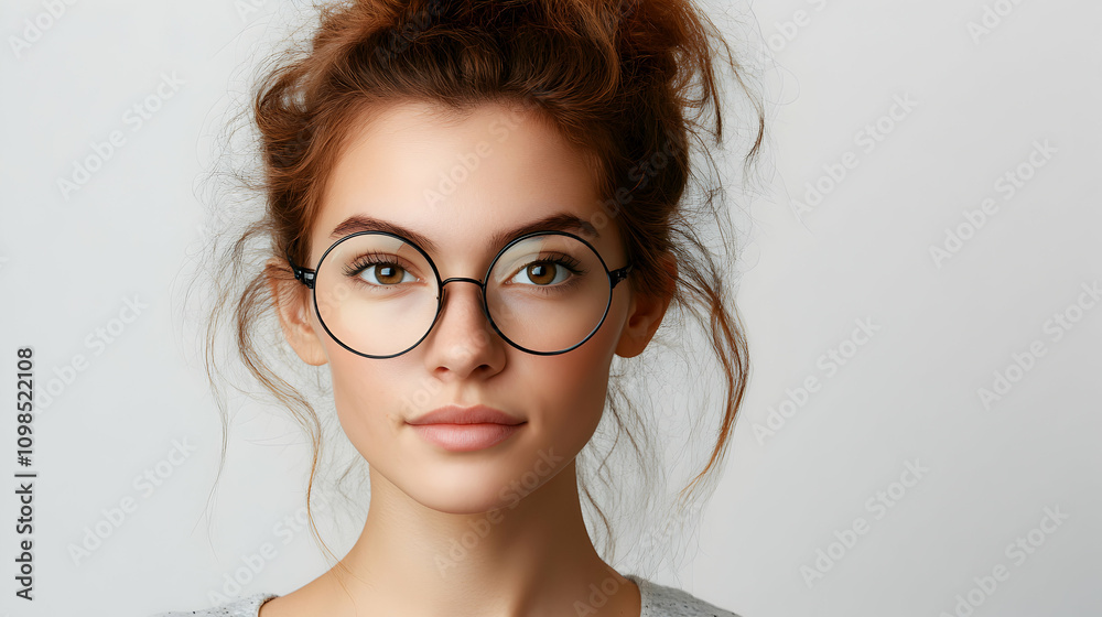 Fototapeta premium Woman with Round Glasses and Messy Bun
