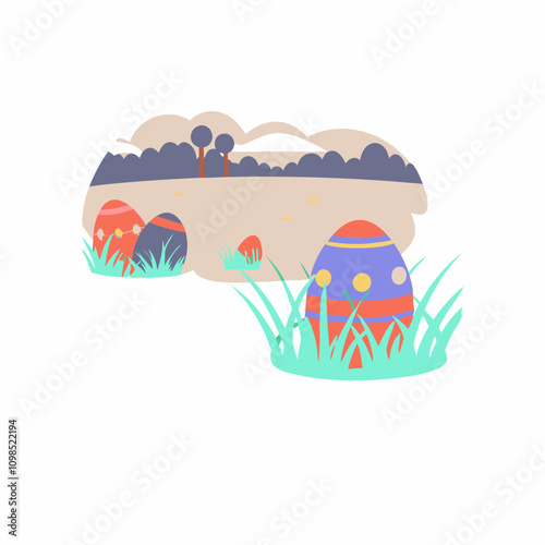 Colorful Easter eggs hidden in the grass under a cloudy sky, playful illustration, copy space