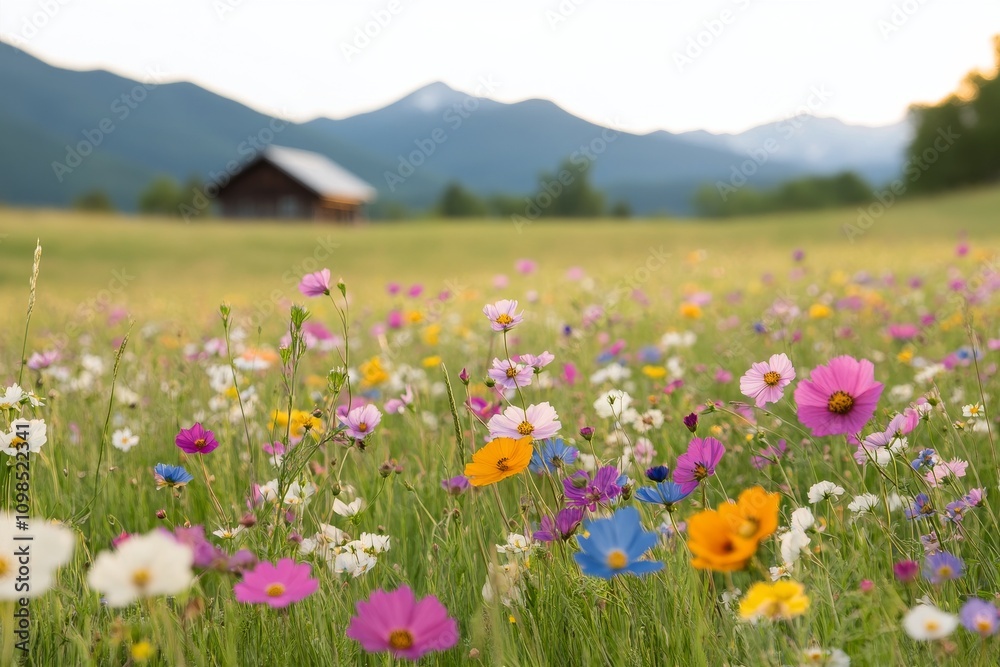 Fototapeta premium Vibrant wildflower field with distant mountains and rustic cabin during golden hour