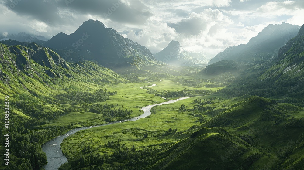 Obraz premium A Majestic Lush Green Valley with a Winding River Surrounded by Mountains Under a Dramatic Sky