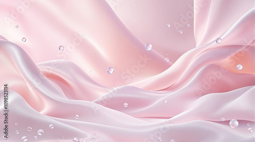 Light pink fabric flows elegantly, adorned with delicate water droplets, evoking a calming and peaceful ambiance