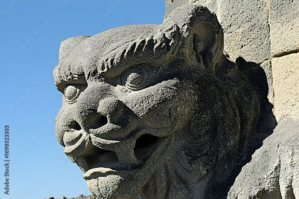 Fototapeta premium Stone Guardian, Ancient Carving of a Ferocious Beast, Detailed Stonework, Ancient Architecture