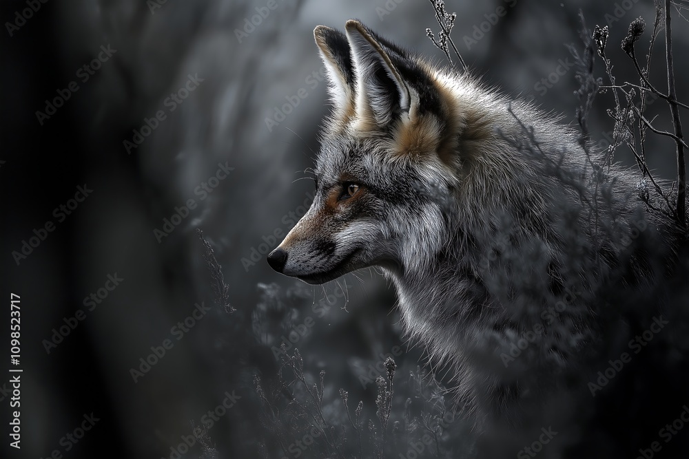 Fototapeta premium a shy fox hiding in the woods from the scary gunshots