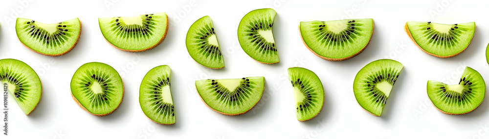 Fototapeta premium Vibrant Kiwi Fruit Slices Arranged on White Background, A Delicious and Refreshing Pattern