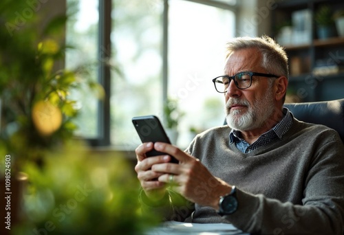 A man in a brown sweater is looking at his cell phone