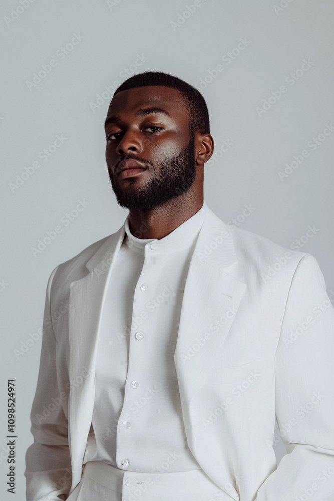Obraz premium A man in a white suit stands confidently in front of a camera.