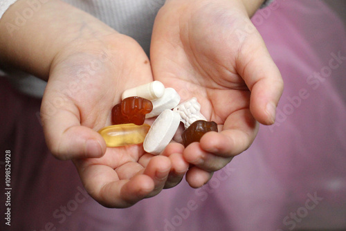Child holding various pills and supplements in palms.