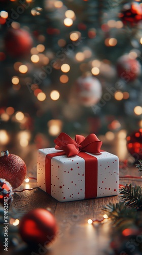 Creative holiday gift arrangement with red ribbon and festive decorations