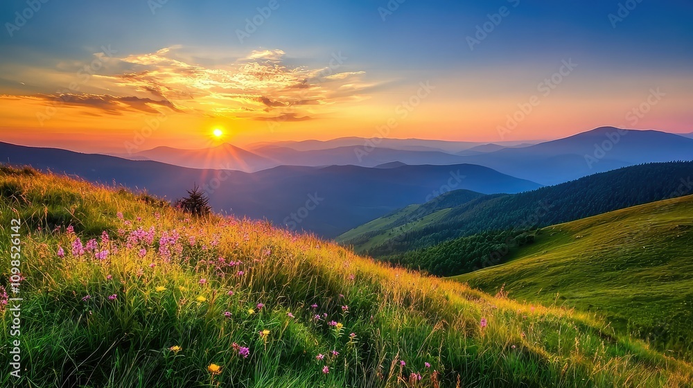 Fototapeta premium Serene Sunrise Over Rolling Hills: A Picturesque Hiking Trail Illuminated by First Light in a Beautiful Natural Landscape with Vibrant Flora