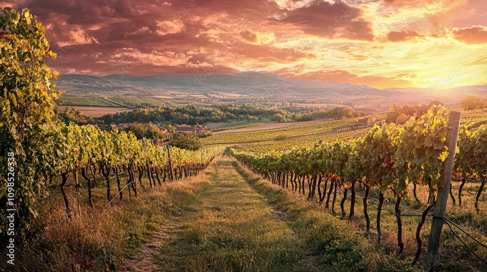 Fototapeta premium Serene Vineyard Landscape with Rows of Vines Under a Majestic Sunset Sky in Maka, Capturing the Beauty of Nature and Agriculture
