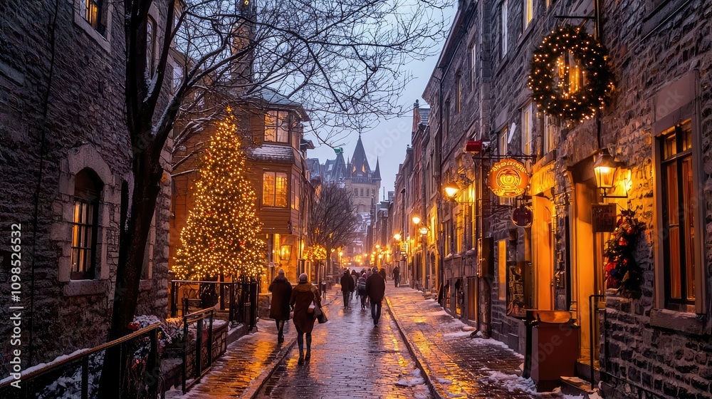 Fototapeta premium Warm Lights Illuminate a Historic City Alley at Dusk, Highlighting the Charm of Quiet Winter Evenings in Maka's Enchanting Streets