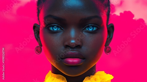 2 Dark african bald women with blue eyes and 2 Albino males with electric yellow dress neon light behind her, pink smoky background, like Mars with pink rocks in the distance photo