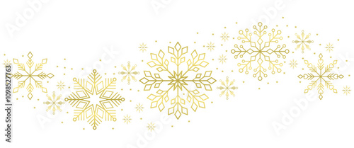 Gold waving snowflakes on transparent background. Golden snowflakes border with different ornaments. Luxury Christmas garland. Winter ornament for packaging, cards, invitations. Vector illustration