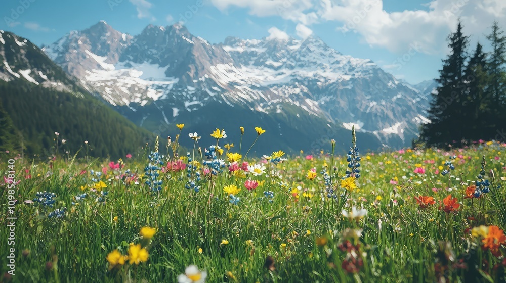 Fototapeta premium Serene Alpine Meadow Filled with Vibrant Wildflowers Against a Majestic Mountain Backdrop Under a Clear Blue Sky and Gentle Clouds