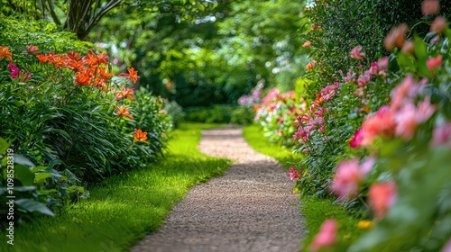 Serene Garden Pathway Lined with Blooming Flowers in Full Color, Inviting Nature Walks Surrounded by Lush Greenery and Vibrant Blossoms photo