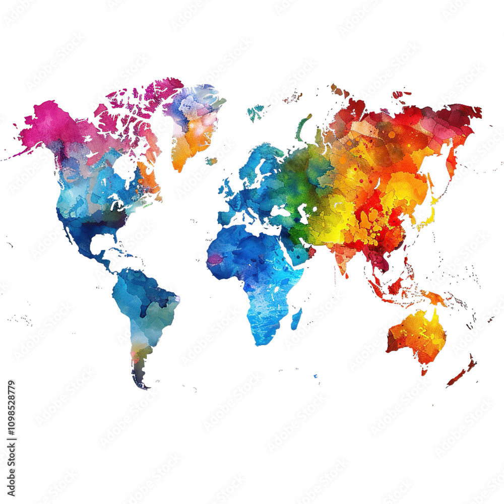Fototapeta premium Vibrant Watercolor World Map, cut out, PNG file