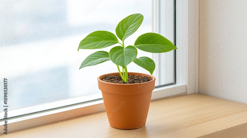 Fototapeta premium A small green plant grows in a terracotta pot on a wooden surface, illuminated by natural light from a nearby window.