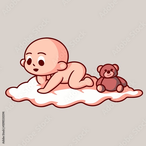 A baby crawling on a soft blanket with a stuffed bear