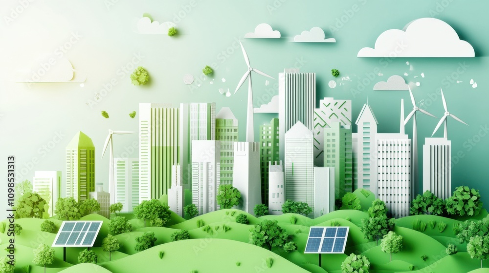 Fototapeta premium A futuristic cityscape with green rooftops, solar panels, and wind turbines integrated into the architecture