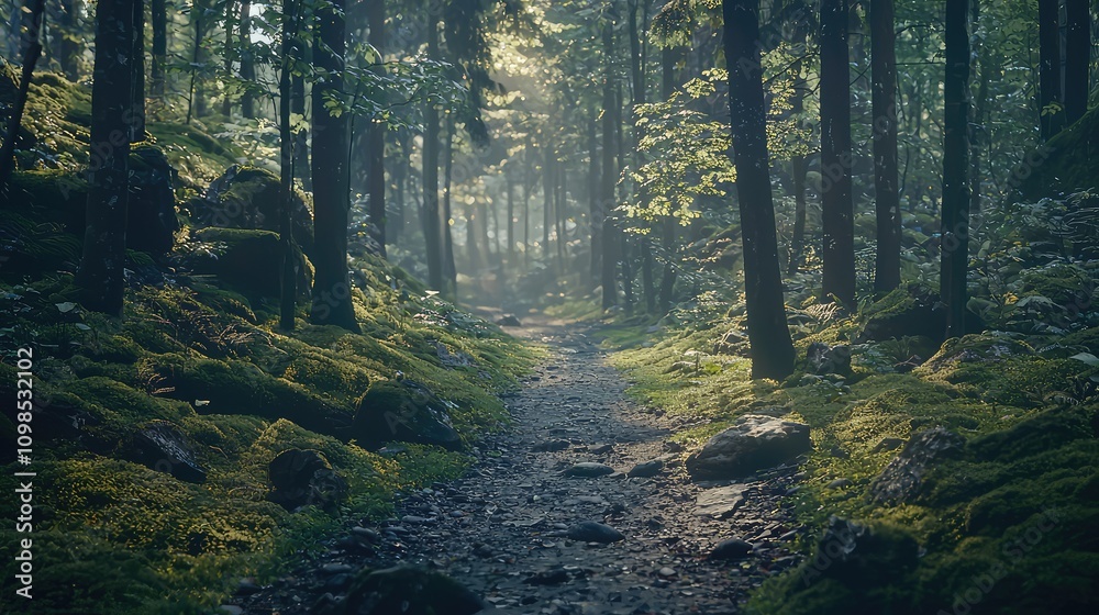 Obraz premium A Serene Path Through a Lush Forest with Sunlight Streaming Through the Trees, Creating a Tranquil Atmosphere in Nature's Embrace