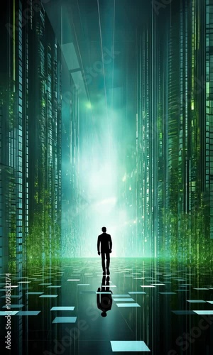 A person walking in a green data matrix