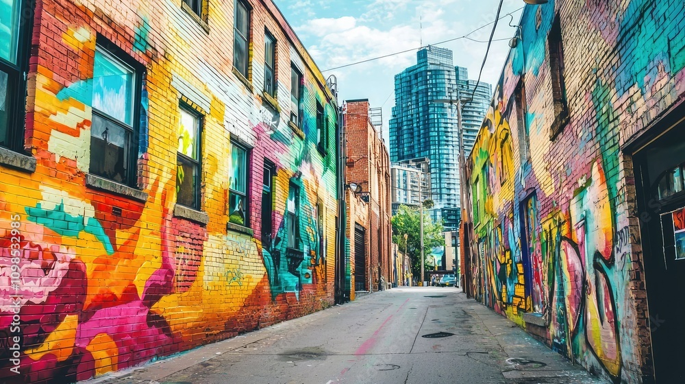 Fototapeta premium Vibrant City View Showcasing Colorful Murals on a Charming Street in an Urban Setting, Highlighting Artistic Expression and City Life