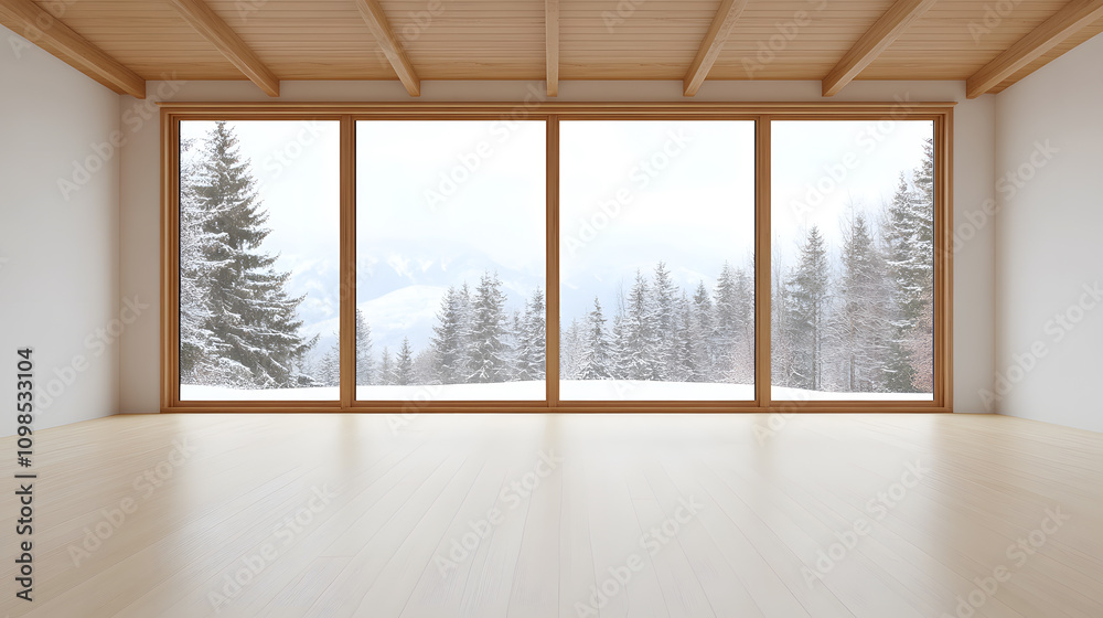 Fototapeta premium Empty Chalet in Wooden Material with a Hearth | Cozy Cabin Interior with Rustic Wooden Walls and a Fireplace | Peaceful Mountain Retreat with Natural Charm